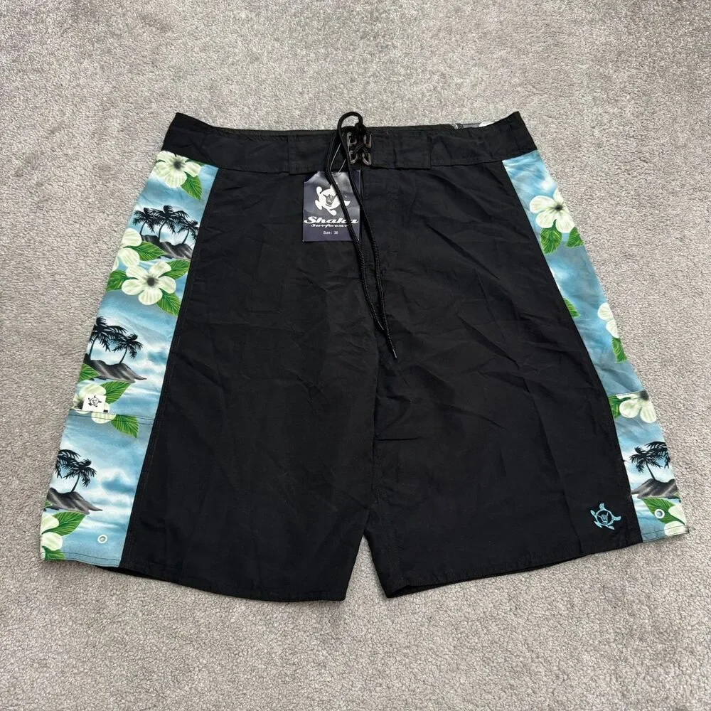 Shaka Surfwear Board Shorts Swim Trunks Mens 36 Black Tropical Hibiscus Floral